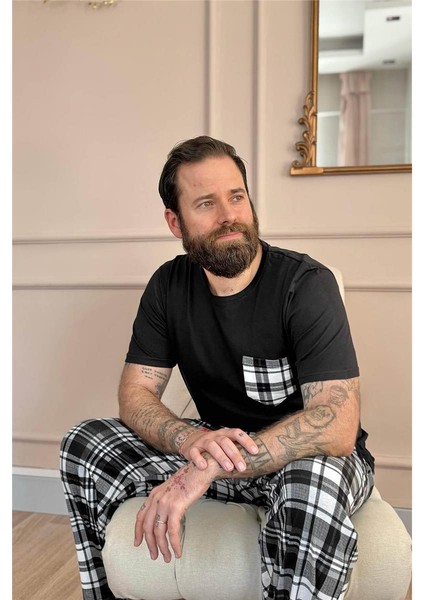 Siyah Füme Ekose Cep Detay Kısa Kollu Erkek Pijama Takımı fiyatları