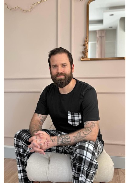 Siyah Füme Ekose Cep Detay Kısa Kollu Erkek Pijama Takımı modelleri