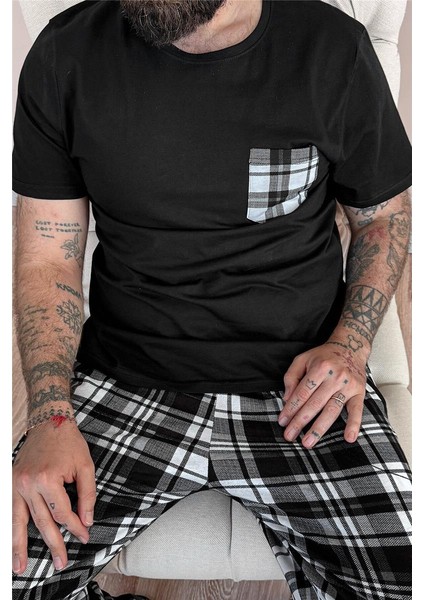 Siyah Füme Ekose Cep Detay Kısa Kollu Erkek Pijama Takımı indirimleri