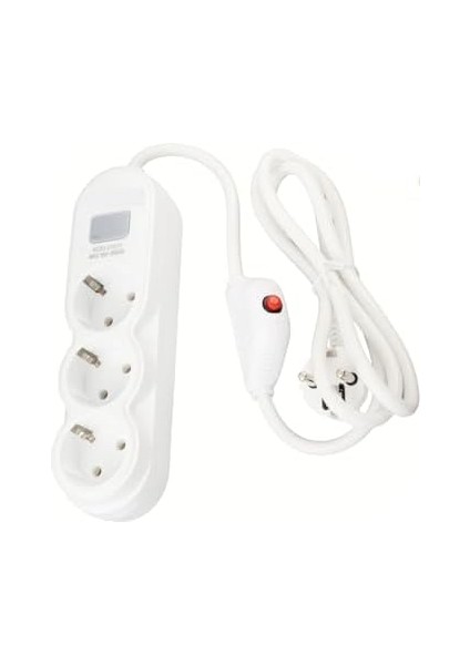 Anahtarlı 1,5 Metre Kablolu 16AMPER 3000W Ledli Yüsek Akım Şok Korumalı Topraklı 3 Lü Grup Priz, Beyaz