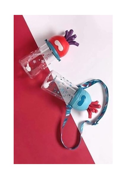 320ml Pipetli Eğlenceli Desenli Akıllı Pipet Toplu Askılı Tritan Su Matarası (Turkuaz)