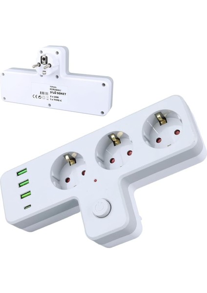 Termal Akım Korumalı 3'lü Duvar T Priz, 3xusb 1xtype-C 20W (Tip C), Çocuk Korumalı, Isıya Dayanıklı Topraklı Üçlü Priz, 2500W