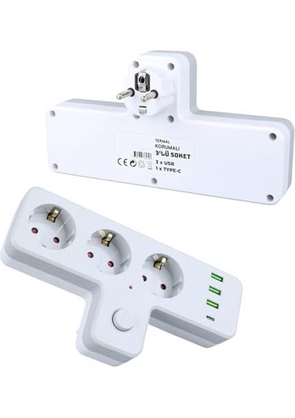 Termal Akım Korumalı 3'lü Duvar T Priz, 3xusb 1xtype-C 20W (Tip C), Çocuk Korumalı, Isıya Dayanıklı Topraklı Üçlü Priz, 2500W