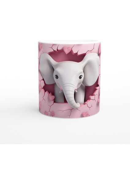 Pembe Kalpli Duvardan Bakan Sevimli Fil Temalı Baskılı Kupa Bardak