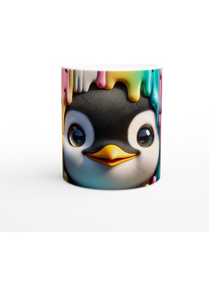 Renkli Boyalar Arasından Bakan Penguen Temalı Baskılı Kupa Bardak
