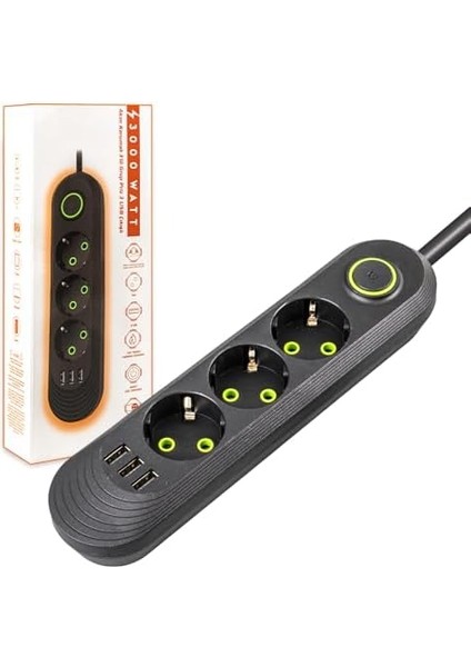 Akım Korumalı Priz, 3lü Siyah Topraklı Anahtarlı, Üçlü Grup Priz, 3 Priz ve 3 USB Çıkışı, 1.5 Metre Kablo Uzunluğu, Max 3000 Watt