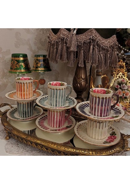 Esterhomedecor 6 Kişilik El Boyama Porselen Kahve Fincan Takımı
