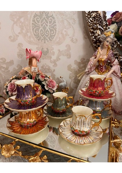 Esterhomedecor 6 Kişilik El Boyama Porselen Kahve Fincan Takımı