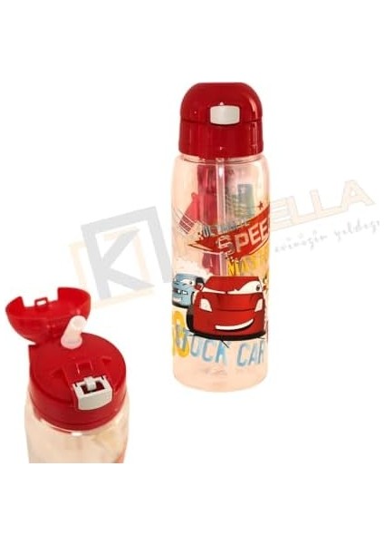 Pipetli Kırmızı Araba Desenli Matara 500ML Mono TP726
