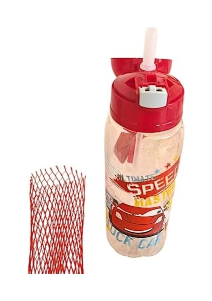 Pipetli Kırmızı Araba Desenli Matara 500ML Mono TP726