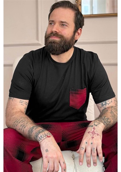 Bordo Siyah Ekose Cep Detay Kısa Kollu Erkek Pijama Takımı