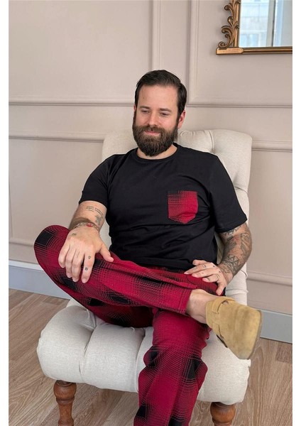 Bordo Siyah Ekose Cep Detay Kısa Kollu Erkek Pijama Takımı modelleri