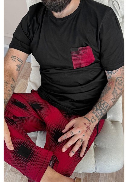 Bordo Siyah Ekose Cep Detay Kısa Kollu Erkek Pijama Takımı fırsatları
