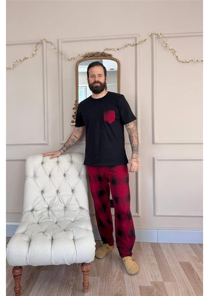 Bordo Siyah Ekose Cep Detay Kısa Kollu Erkek Pijama Takımı indirimleri