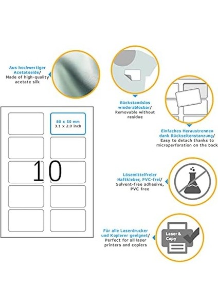 4587 Isim Etiketi Çıkarılabilir, 10 Yaprak, 80 x 50 Mm, A4 Başına 10, 100 Adet, Kendinden Yapışkanlı, Yazdırılabilir, Asetat Ipek, Beyaz