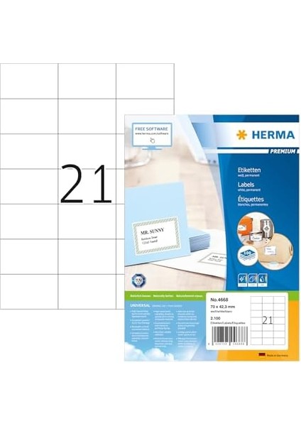 4668 Evrensel Etiket Dın A4 70 x 42,3 Mm, 100 Yaprak, Kağıt, Mat Kendinden Yapışkanlı, Basılabilir, 2.100 Yapışkan Etiket, Beyaz