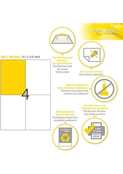 8717 Evrensel Etiketler, 100 Yaprak, 105 x 148 Mm, A4 Adet Sayfa Başına, 400 Adet, Kendinden Yapışkanlı, Basılabilir, Mat, Boş Kağıt Yapışkanlı Etiket Çıkartma, Beyaz