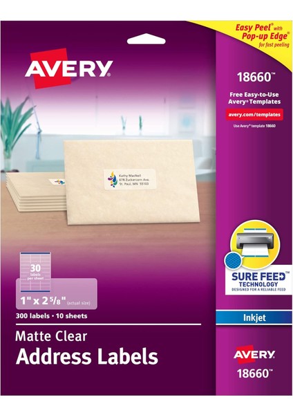Mürekkep Püskürtmeli Yazıcılar Için Mat Buzlu Şeffaf Adres Etiketleri, 1 "x 2-5/8", 300 Etiket (18660)