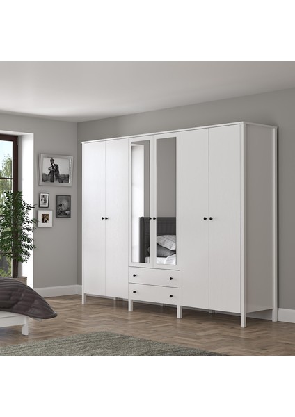 Venezia 6 Kapak 2 Çekmece Aynalı Ahşap Ayaklı Gardırop 240 cm Genişlik - Minifiks - Wood Beyaz