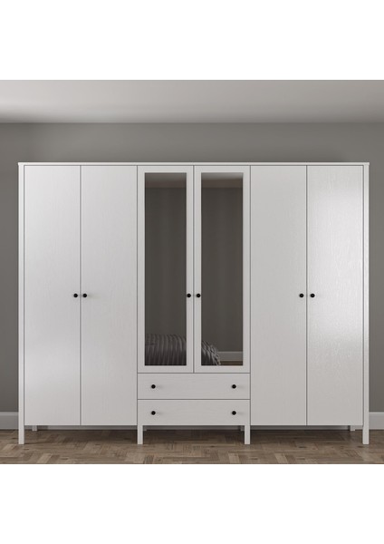Venezia 6 Kapak 2 Çekmece Aynalı Ahşap Ayaklı Gardırop 240 cm Genişlik - Minifiks - Wood Beyaz fiyatları