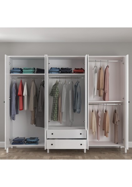 Venezia 6 Kapak 2 Çekmece Aynalı Ahşap Ayaklı Gardırop 240 cm Genişlik - Minifiks - Wood Beyaz modelleri