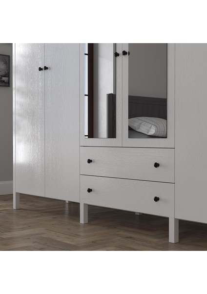 Venezia 6 Kapak 2 Çekmece Aynalı Ahşap Ayaklı Gardırop 240 cm Genişlik - Minifiks - Wood Beyaz fırsatları