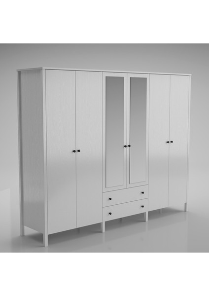 Venezia 6 Kapak 2 Çekmece Aynalı Ahşap Ayaklı Gardırop 240 cm Genişlik - Minifiks - Wood Beyaz indirimleri