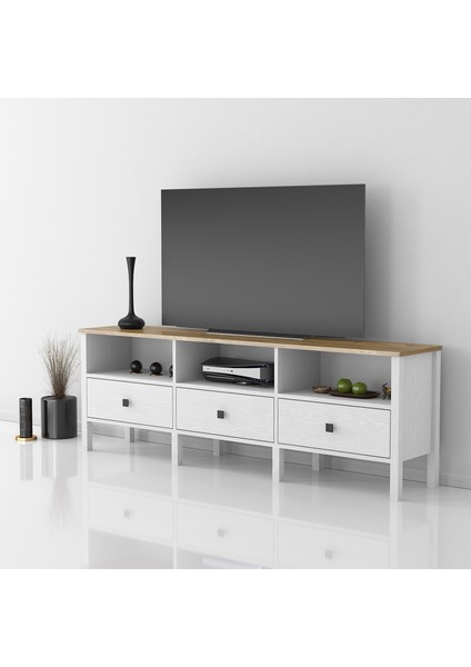 Venezia 3 Çekmece 3 Bölmeli Ahşap Ayaklı Tv 150 cm Tv Ünitesi - Minifiksli - Wood Beyaz