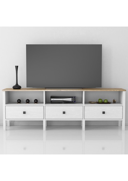 Venezia 3 Çekmece 3 Bölmeli Ahşap Ayaklı Tv 150 cm Tv Ünitesi - Minifiksli - Wood Beyaz fiyatları