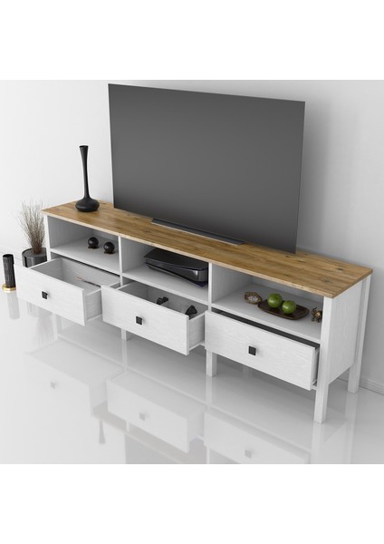 Venezia 3 Çekmece 3 Bölmeli Ahşap Ayaklı Tv 150 cm Tv Ünitesi - Minifiksli - Wood Beyaz fırsatları