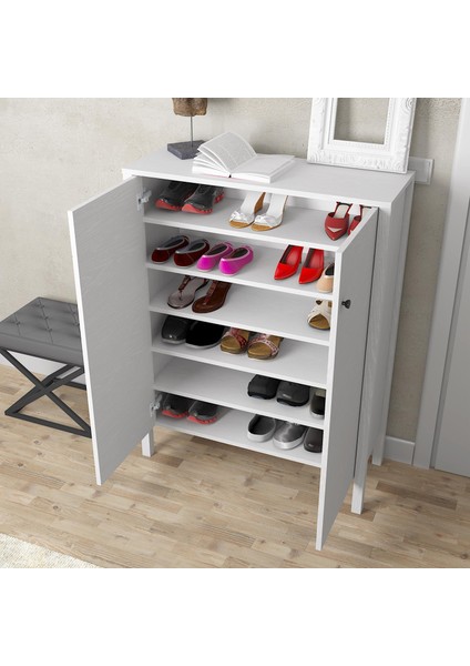 Venezia 2 Kapaklı, Ahşap Ayaklı, Premium Ayakkabılık, Çok Amaçlı Dolap - Minifiks - Wood Beyaz fırsatları