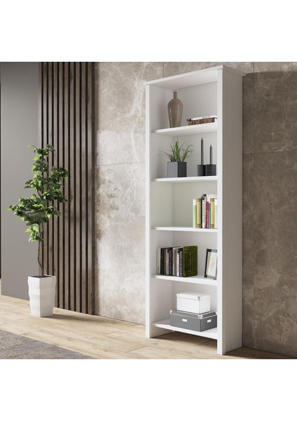 Venezia Premium Ahşap Ayaklı 5 Raflı Kitaplık - Wood Beyaz