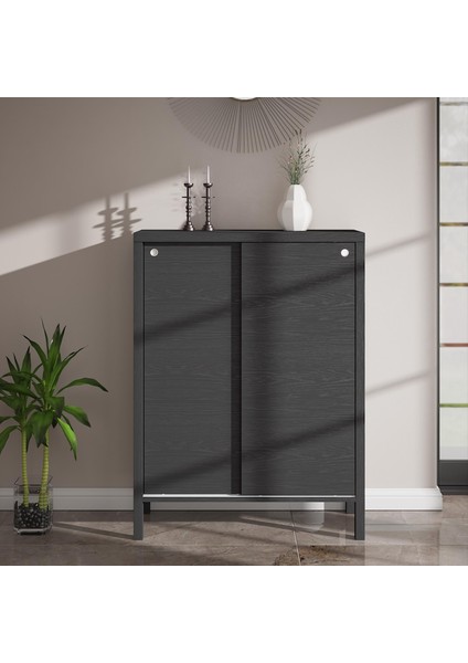 Venezia 2 Sürgülü Kapaklı, Ahşap Ayaklı, Premium Ayakkabılık, Çok Amaçlı Dolap - Minifiks - Wood Siyah fiyatları