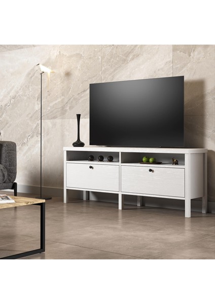 Venezia 2 Çekmece 2 Bölmeli Ahşap Ayaklı Tv 150 cm Tv Ünitesi - Minifiksli - Wood Beyaz