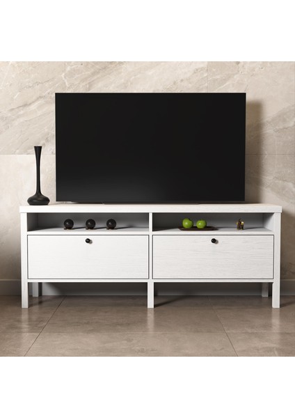 Venezia 2 Çekmece 2 Bölmeli Ahşap Ayaklı Tv 150 cm Tv Ünitesi - Minifiksli - Wood Beyaz fiyatları