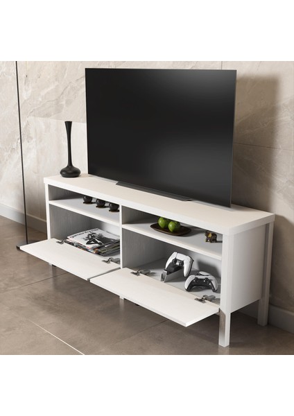 Venezia 2 Çekmece 2 Bölmeli Ahşap Ayaklı Tv 150 cm Tv Ünitesi - Minifiksli - Wood Beyaz fırsatları