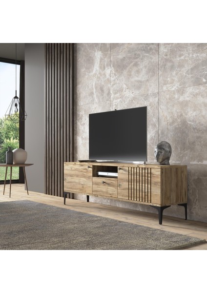 Elit Tv 150 cm Çıta Kapaklı Metal Ayaklı Tv Ünitesi - Atlantik Çam / Siyah