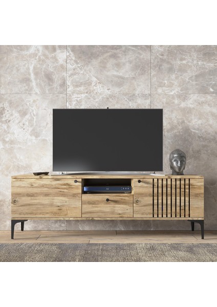 Elit Tv 150 cm Çıta Kapaklı Metal Ayaklı Tv Ünitesi - Atlantik Çam / Siyah fiyatları