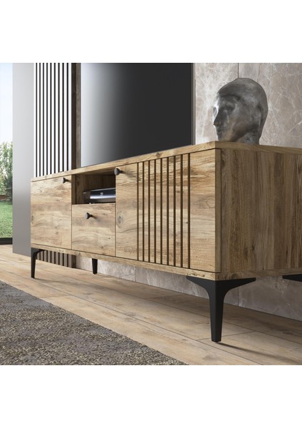 Elit Tv 150 cm Çıta Kapaklı Metal Ayaklı Tv Ünitesi - Atlantik Çam / Siyah modelleri