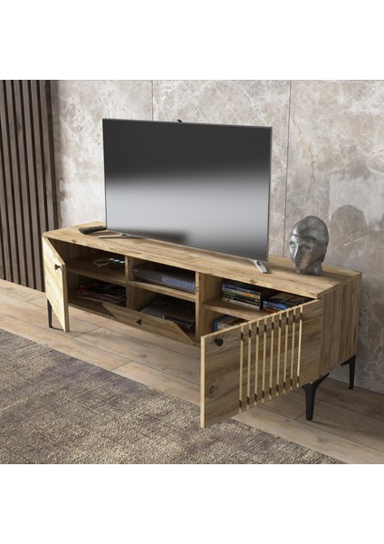 Elit Tv 150 cm Çıta Kapaklı Metal Ayaklı Tv Ünitesi - Atlantik Çam / Siyah fırsatları