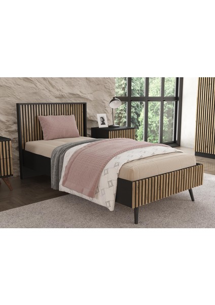 Nova Zebra Desen Tek Kişilik Premium Karyola -Minifiks - Wood Siyah / Atlantik Çam