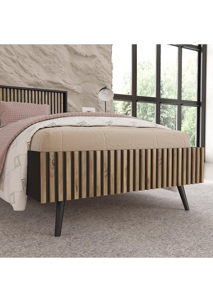 Nova Zebra Desen Tek Kişilik Premium Karyola -Minifiks - Wood Siyah / Atlantik Çam