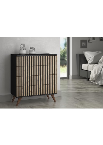 Nova Zebra Desen 4 Çekmeceli Premium Şifonyer - Minifiks - Wood Siyah / Atlantik Çam