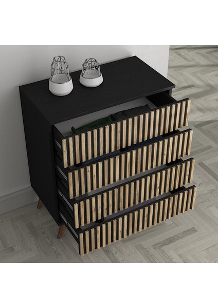 Nova Zebra Desen 4 Çekmeceli Premium Şifonyer - Minifiks - Wood Siyah / Atlantik Çam fiyatları