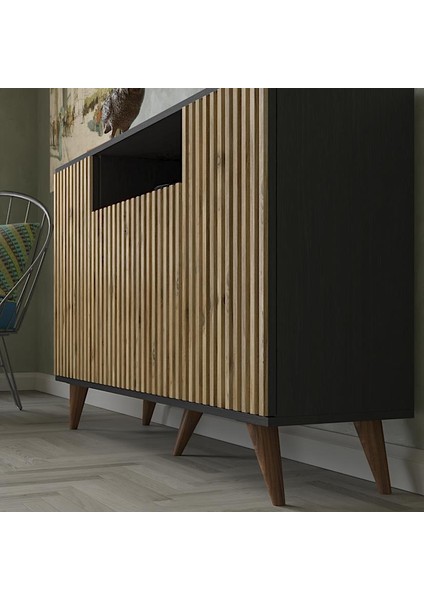 Nova Zebra Kapak 140 cm 4 Kapaklı 1 Bölmeli Premium Konsol - Minifiks - Wood Siyah / Atlantik Çam