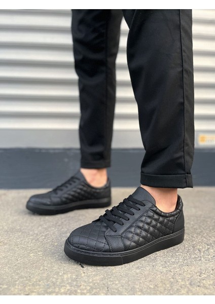 JY166 Prestige Bağcıklı Cilt Kapitone Desenli Erkek Günlük Sneaker Ayakkabı Cst - Siyah
