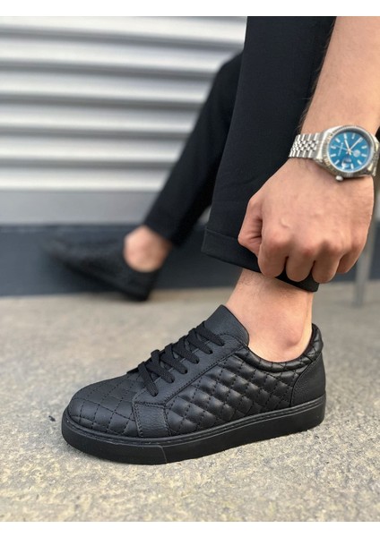 JY166 Prestige Bağcıklı Cilt Kapitone Desenli Erkek Günlük Sneaker Ayakkabı Cst - Siyah