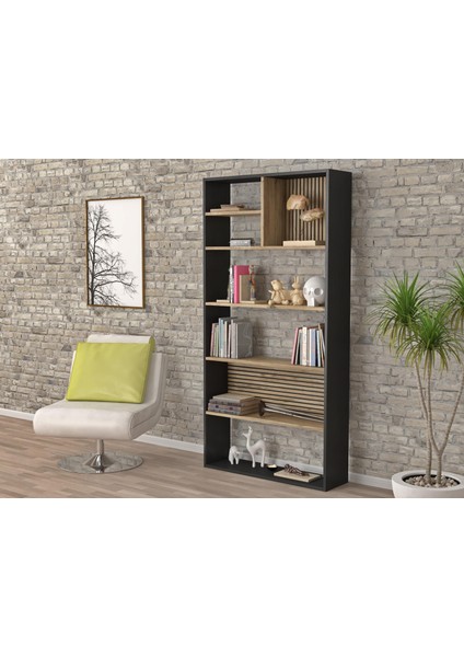 Nova Zebra 7 Bölmeli Kitaplıklık - Minifiks - Wood Siyah Atlantik Çam