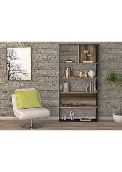 Nova Zebra 7 Bölmeli Kitaplıklık - Minifiks - Wood Siyah Atlantik Çam