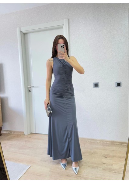 Kolsuz Büzgülü Uzun Elbise - Füme Akdenizpos Yeni